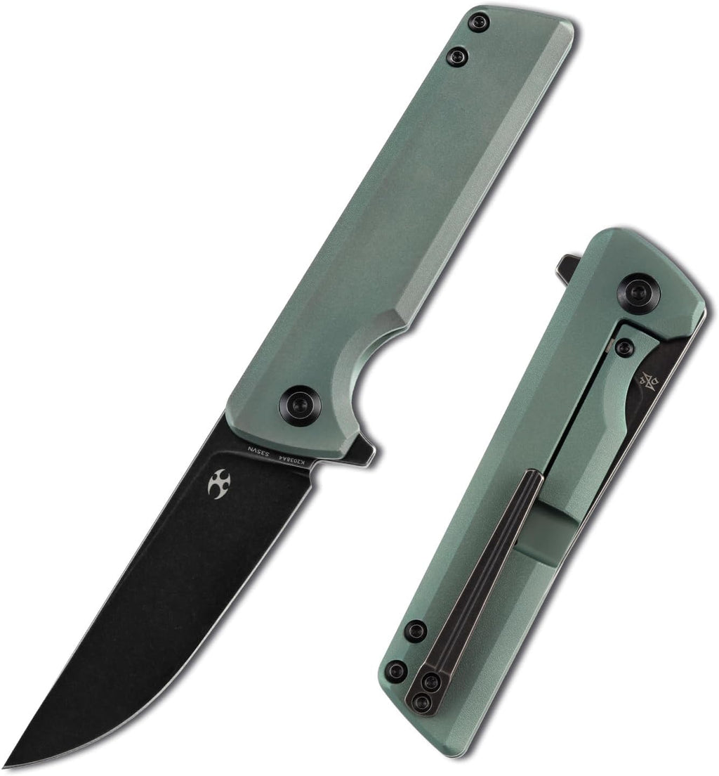 KANSEPT Anomaly Pocket Folding Knives EDC Camping Folding Knife 3.14'' Black Stonewashed CPM S35VN Material Pocket Folding Knife with Green Orange Peel Finish Titanium Handle Everyday Carry K2038A4