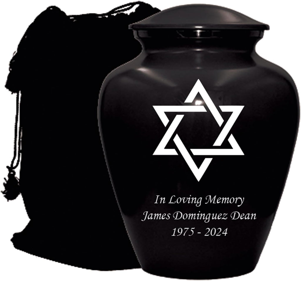 Star of David Blue Cremation Urn for Human Ashes, Jewish Cremation Urn, Religious Ash Urns with Personalized Engraving (Black)