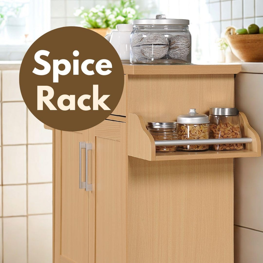 Hodedah Rolling Wood Kitchen Island Cart with Spice Rack, Towel Rack, Utensil Drawer plus Cabinet, Beech