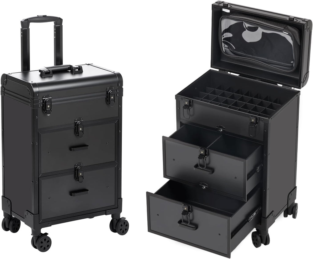 3 in 1 Rolling Makeup Case, Professional Cosmetology Case on Wheels with 2 Drawers, Ideal Gift for Hairstylist, Nail Techs, 3 Tiers Portable Beauty Organizer Case for Travel or Salon Use, Black