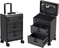 3 in 1 Rolling Makeup Case, Professional Cosmetology Case on Wheels with 2 Drawers, Ideal Gift for Hairstylist, Nail Techs, 3 Tiers Portable Beauty Organizer Case for Travel or Salon Use, Black