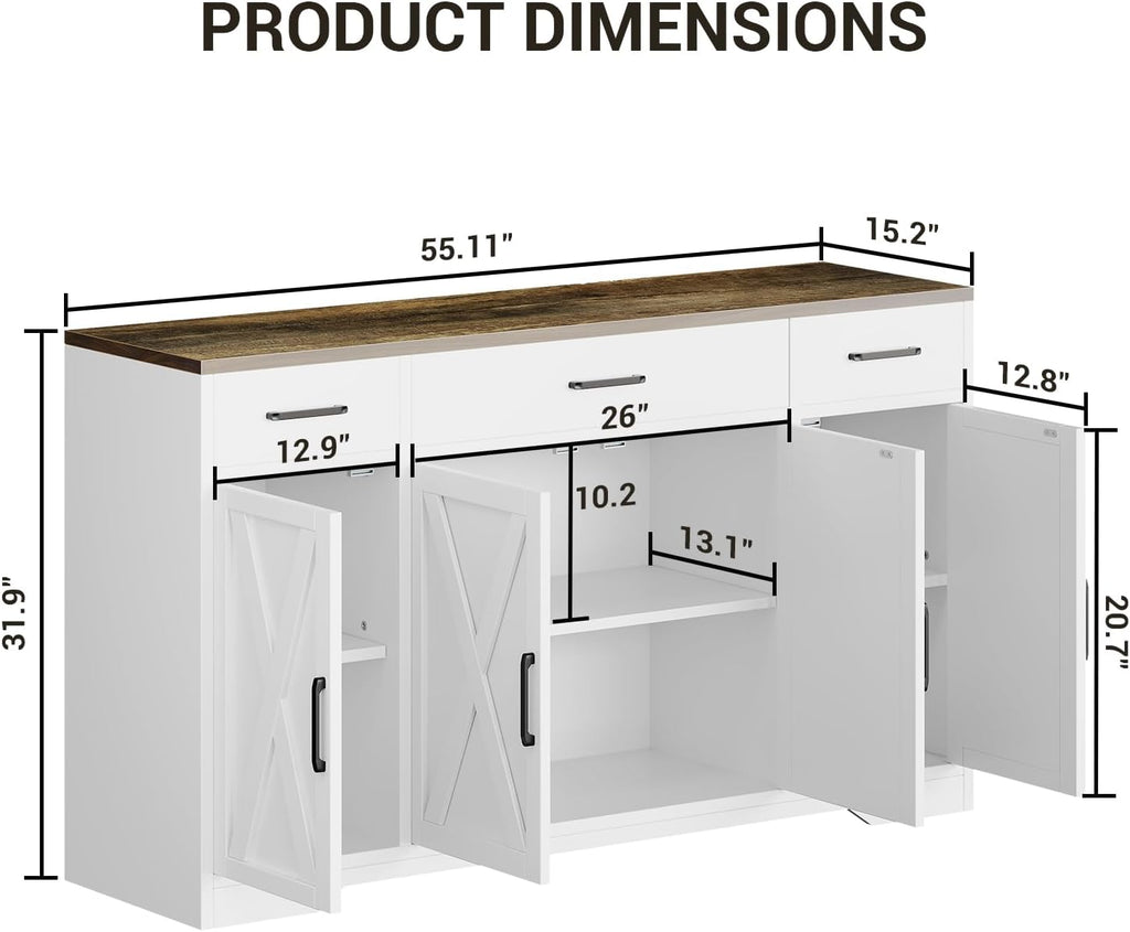 55' Sideboard with Storage Kitchen Storage Cabinet with 3 Drawers, Modern Large Wood Farmhouse Buffet Cabinet TV Stand Coffee Bar for Living Room Hallway