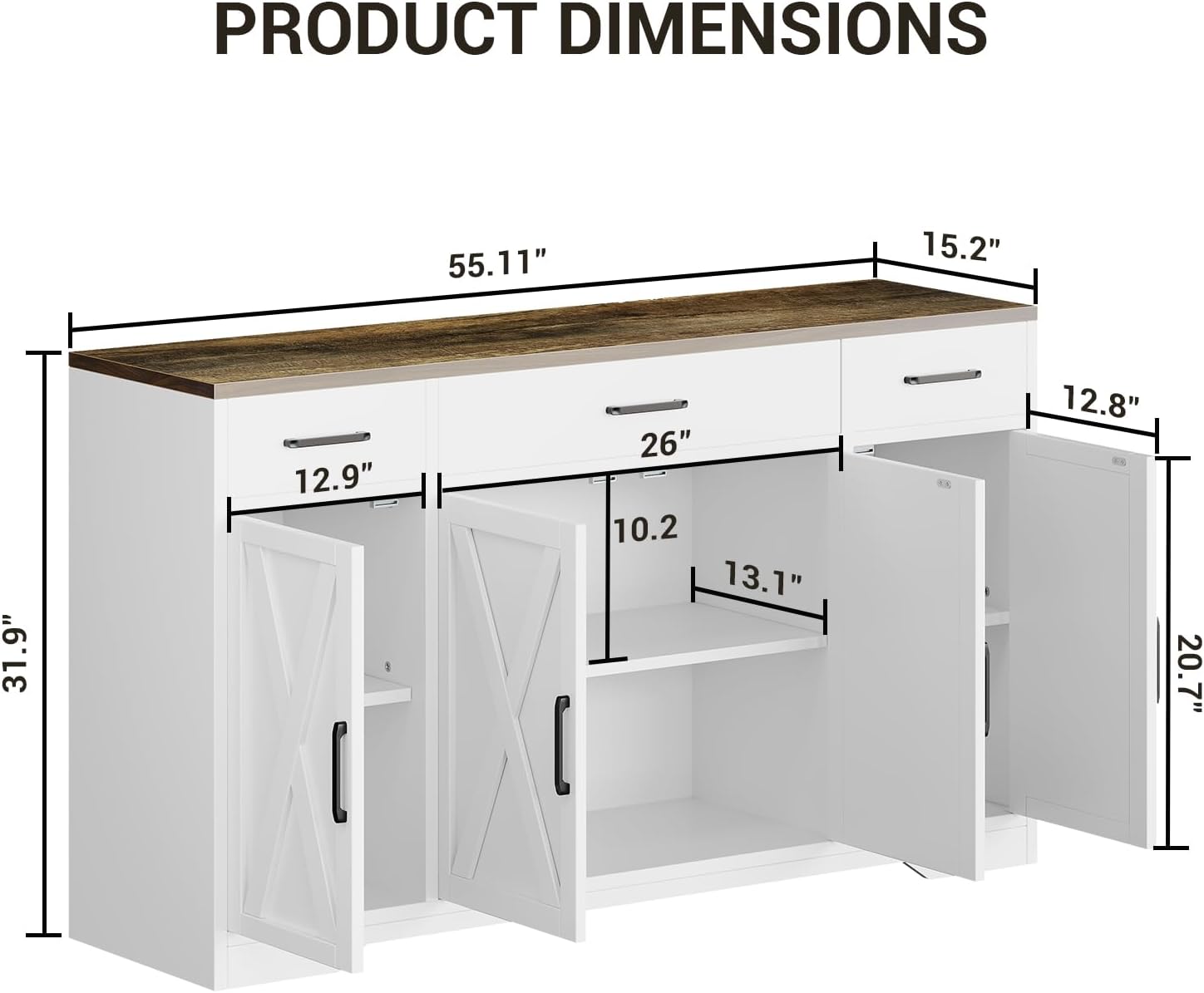 55' Sideboard with Storage Kitchen Storage Cabinet with 3 Drawers, Modern Large Wood Farmhouse Buffet Cabinet TV Stand Coffee Bar for Living Room Hallway