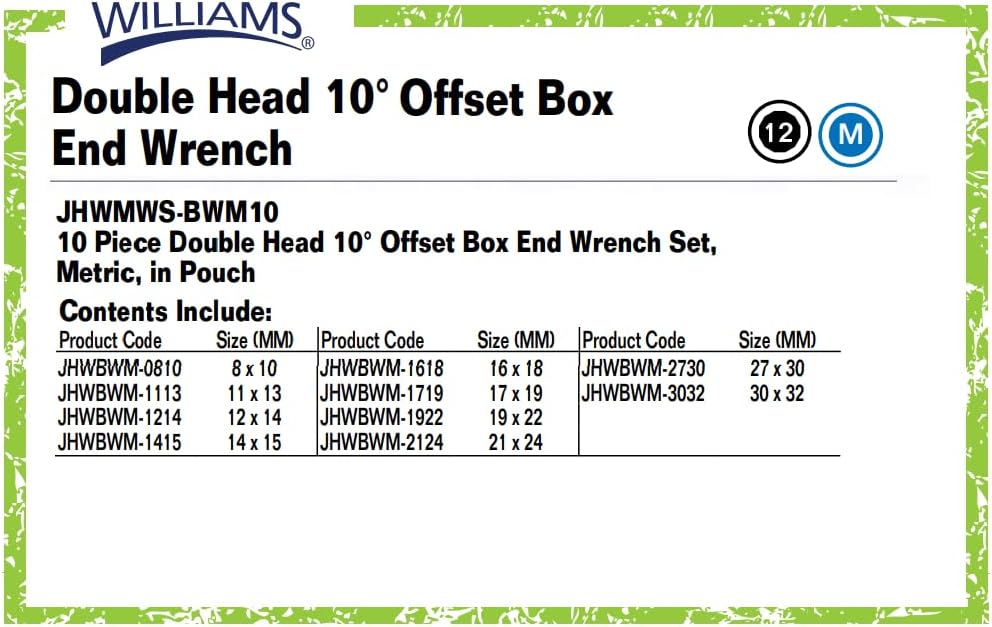 Williams MWS-BWM10 10-Piece Double Head 10-Degree Offset Box End Wrench Set