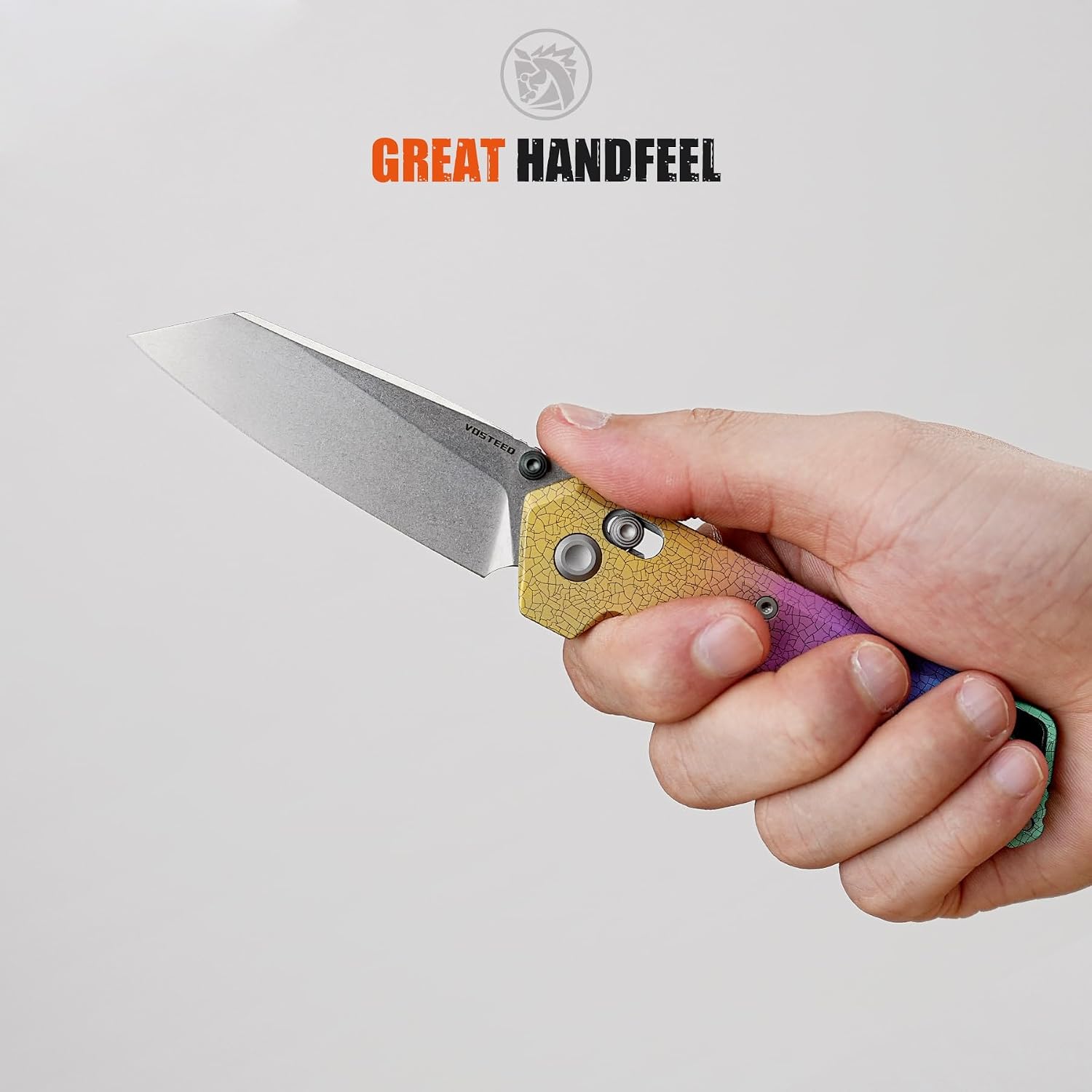 Vosteed Parallel EDC Pocket Knife - 2.90' S35VN Stonewash Blade, Reverse Tanto - Crossbar Lock, Iridescent Crackle Titanium Handle - Camping, Hiking Knives - A3508