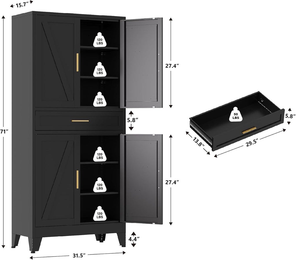 QINPTWUT 71' Farmhouse Pantry Cabinet in Black, with 4 Doors & Center Drawer, Tall Food Cabinet with Adjustable Shelves, Freestanding Steel Cupboard for Kitchen, Dining Room, Pantry, Garage