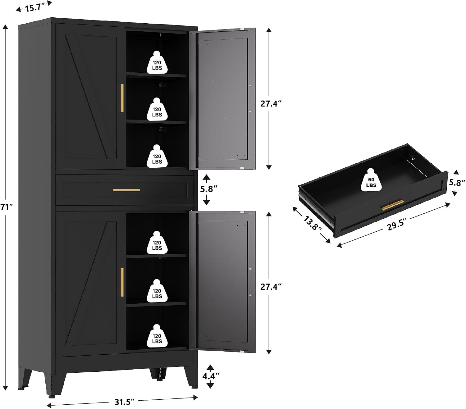 QINPTWUT 71' Farmhouse Pantry Cabinet in Black, with 4 Doors & Center Drawer, Tall Food Cabinet with Adjustable Shelves, Freestanding Steel Cupboard for Kitchen, Dining Room, Pantry, Garage