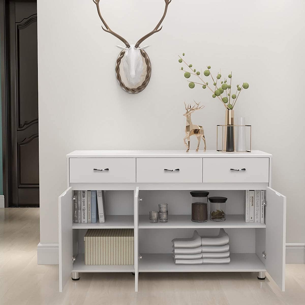 RASOO Buffet Kitchen Cabinet Storage Sideboard Cabinet Cupboard Sideboard Buffet Kitchen Room (White -3 Doors and 3 Drawers)