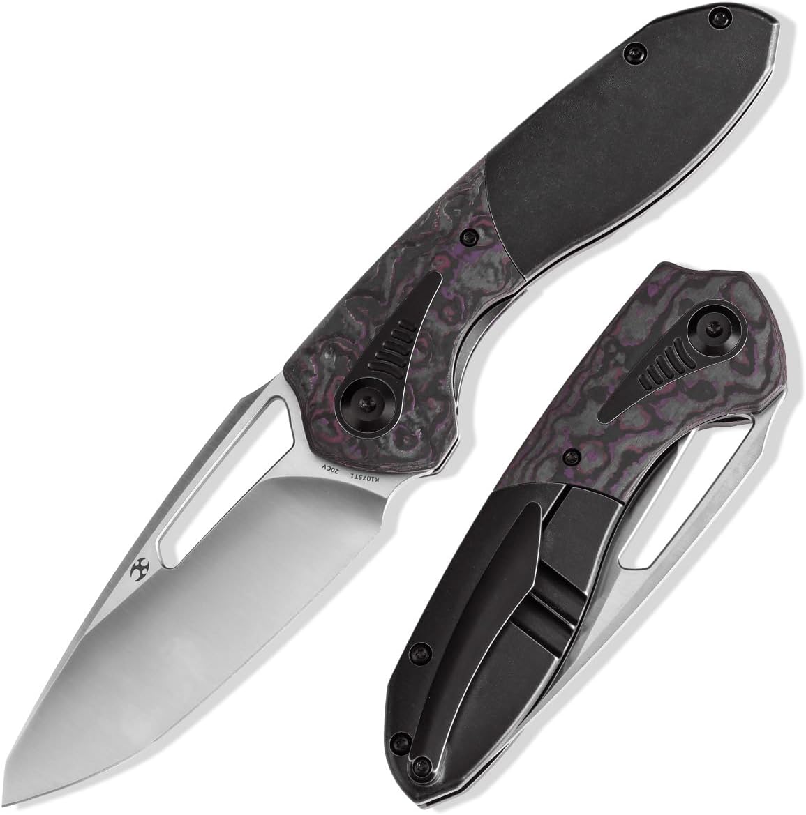 KANSEPT Thoth Camping Pocket Knives for Men 8.05in Folding Knives with 3.43in Satin CPM 20CV Material and Blackwash Titanium Purple Haze Carbon Fiber Handle for Outdoor,Tactical,Survival K1075T1