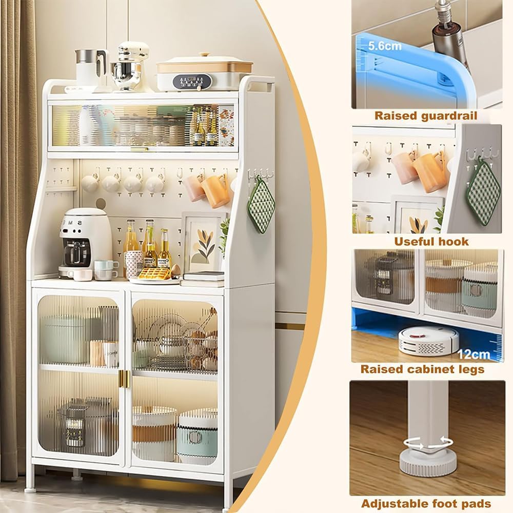 Kitchen Storage Cabinet, 5-Tier Microwave Stand, Kitchen Storage Shelf Rack, Metal Utility Storage Shelf, Standing Bakers Rack with Door Cabinet,White