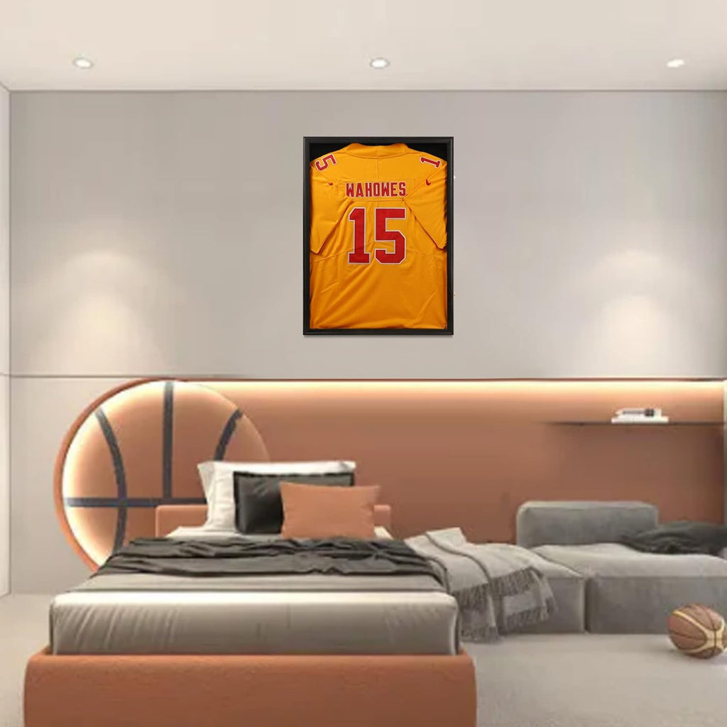 Jersey Frame Display Case 6 Pack-Wood Jersey Display Shadow Box- Lockable Jersey Frame with 2 Wall Hangers and UV Protected Acrylic for Football Baseball Basketball Jersey-Black