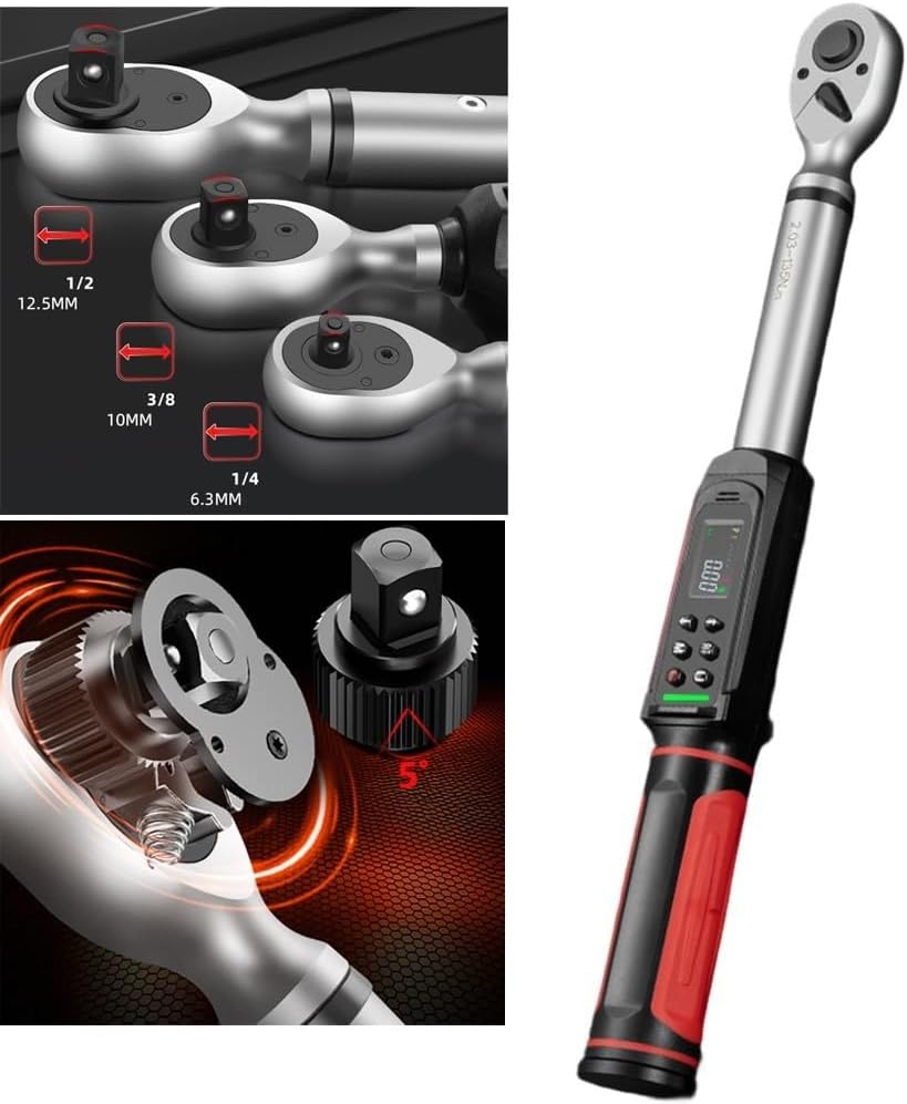 Digital torque wrench 1/4 3/8 1/2 inch with vibration buzzer LED overload protection 9 preset modes unit switching quick release ratchet head (10mm 2.02-135N.m)