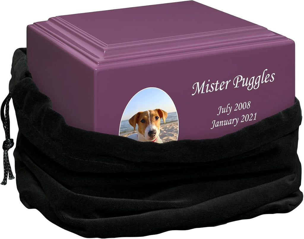 Mainely Urns Stonewood Medium Custom Pet Photo Cremation Urn for Pet Ashes - Engineered Wood Cremation Urn for Dog Ashes or Cat Ashes - 110 Cubic Inch Capacity - Customization Included (Amethyst)