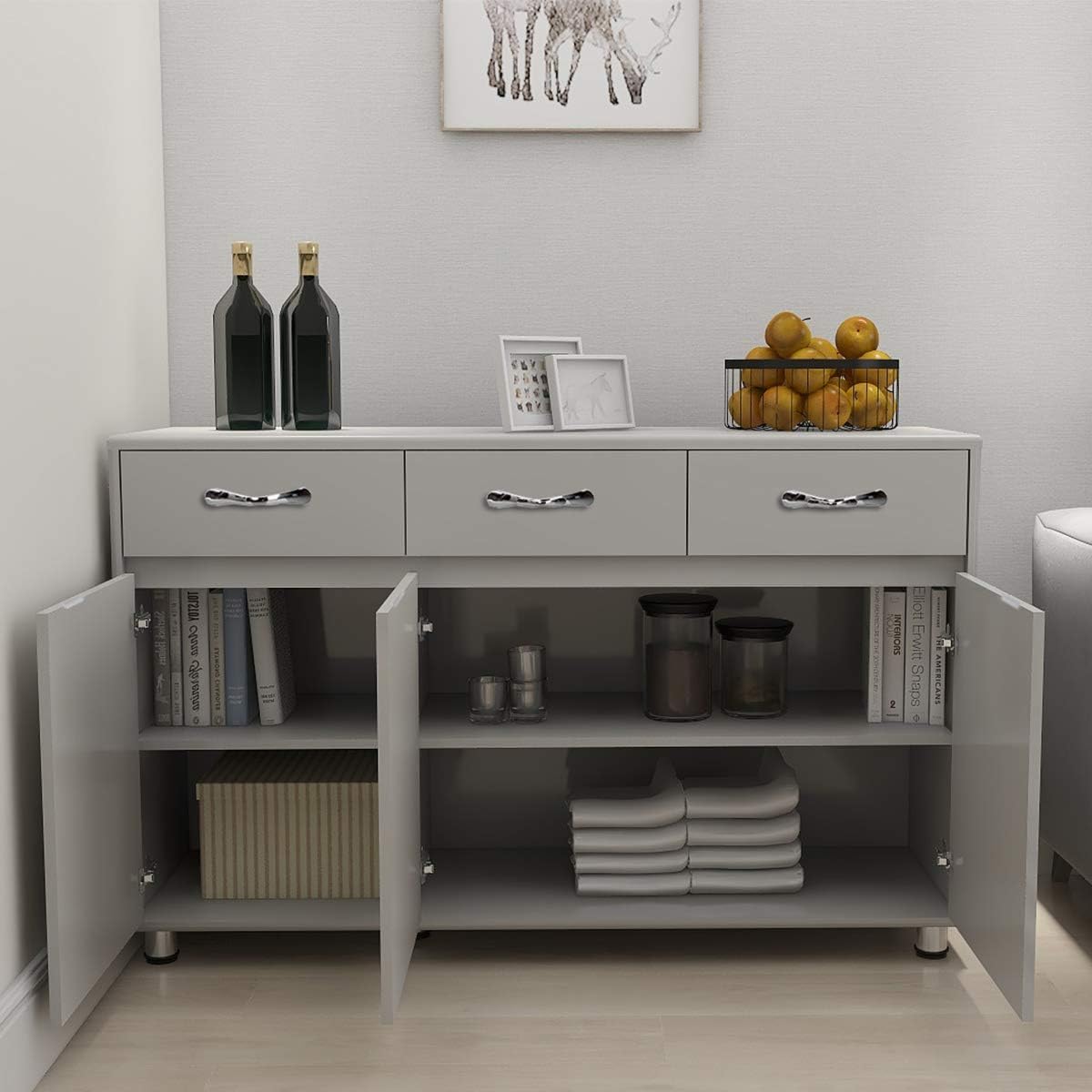 RASOO Buffet Kitchen Cabinet Storage Sideboard Cabinet Cupboard Sideboard Buffet Kitchen Room (Grey-3 Doors and 3 Drawers)