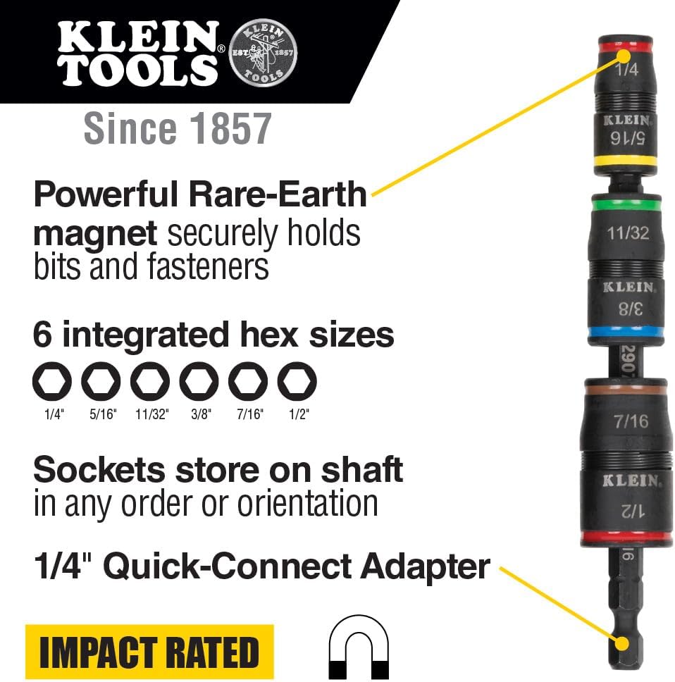 Wiha 28393 Insulated Slim Line Precision Pop Up Screwdriver Set, Slotted, 7-Piece, Red & Klein Tools 32907 Impact Driver, 7-in-1 Impact Flip Socket Set with 1/2, 7/16, 3/8, 11/32, 5/16, 1/4