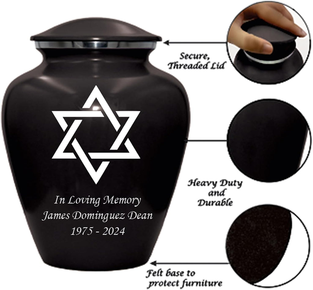 Star of David Blue Cremation Urn for Human Ashes, Jewish Cremation Urn, Religious Ash Urns with Personalized Engraving (Black)