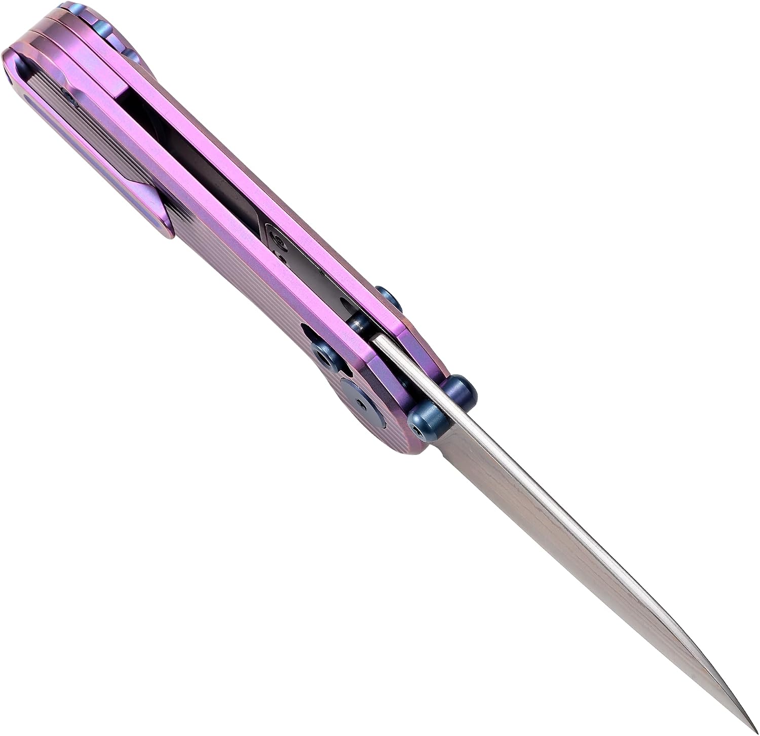 Hightron EdgePlay Premium Fidget Knife 2.64' Copper Damascus Blade and Titanium Handle Tactical EDC Knives with Pocket Clip Axis-Lock for Men Women Lightweight Folding Knife for Outdoor Indoor Purple
