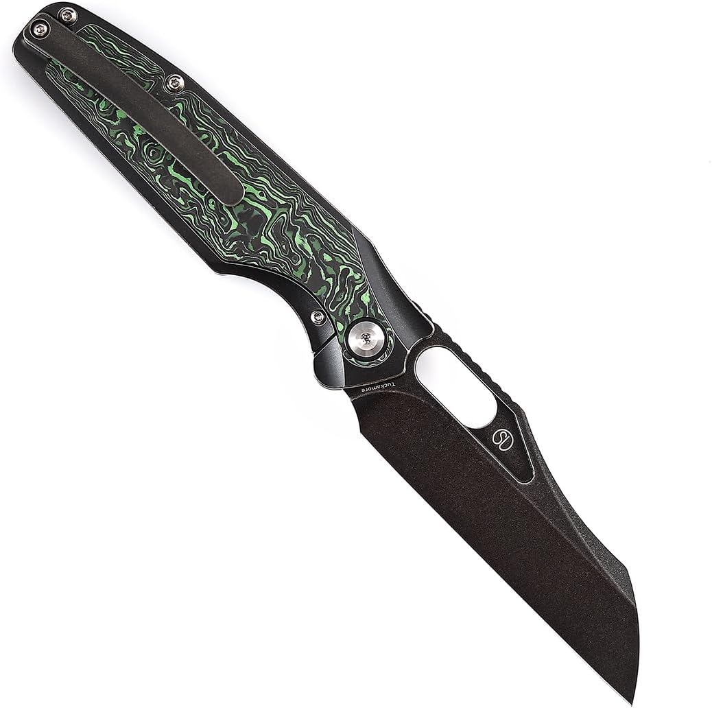 KANSEPT Tuckamore Camping Pocket Knives for Men 8.12in Folding Knives with 3.54in Stonewashed CPM 20CV Material and Titanium Green Carbon Fiber Handle for Outdoor, Tactical, Survival K1052A3