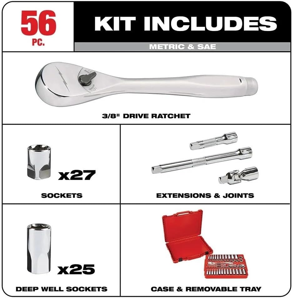 56 pc 48-22-9008 Ratchet Wrenches for Milwaukee 3/8-Inch Drive and Metric Ratchet and Socket Set with portable carrying case