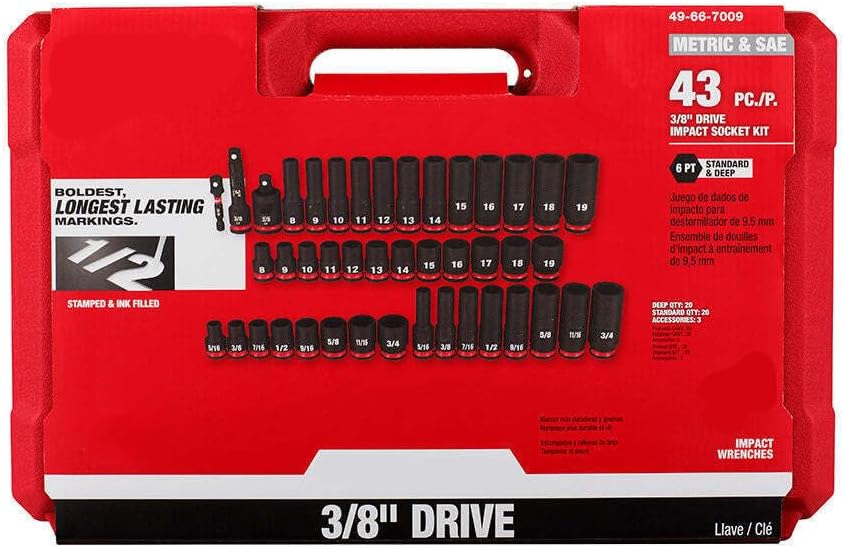 Socket Set For Milwaukee 49-66-7009 3/8'' Impact Duty SAE/Metric Socket Set (Size:16.3 x 2.8 x 10.5 in) - 43 PC, Red,black