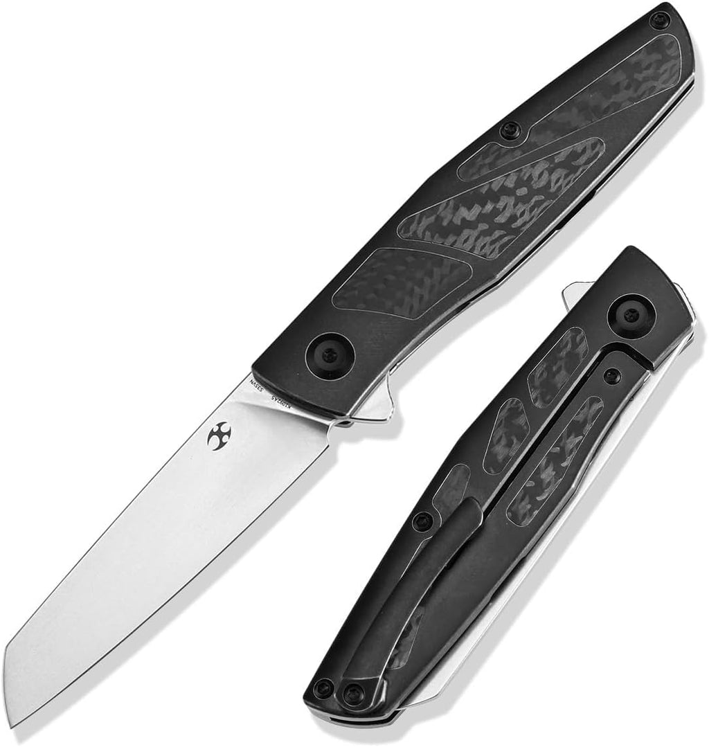 KANSEPT Cru Camping Pocket Knives for Men 8.19' Folding Pocket Knives with 3.46' Stonewashed CPM S35VN and Blackwash Titanium & Twill Carbon Fiber Handle for Outdoor, Tactical, Survival K1092A5