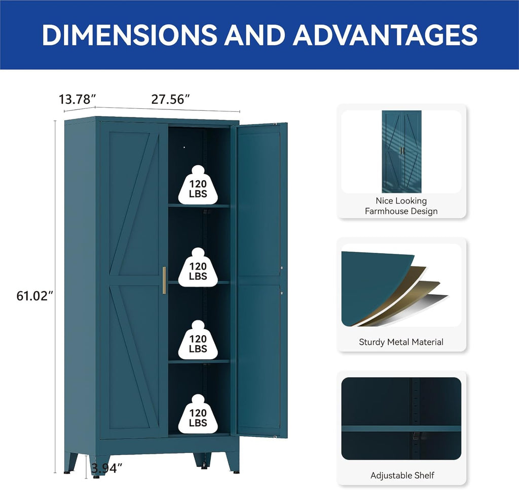 COFaR Metal Pantry Cabinet with Doors, Farmhouse 61'' Tall Storage Cabinet with 3 Adjustable Shelves, Kitchen Pantry Cabinet for Dinning Room, Laundry, Peacock Blue 4-Tier