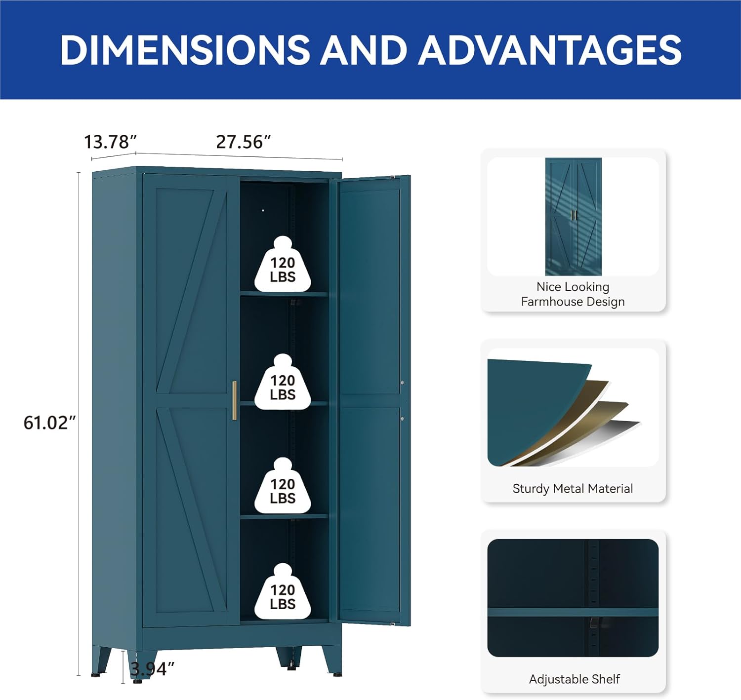 COFaR Metal Pantry Cabinet with Doors, Farmhouse 61'' Tall Storage Cabinet with 3 Adjustable Shelves, Kitchen Pantry Cabinet for Dinning Room, Laundry, Peacock Blue 4-Tier