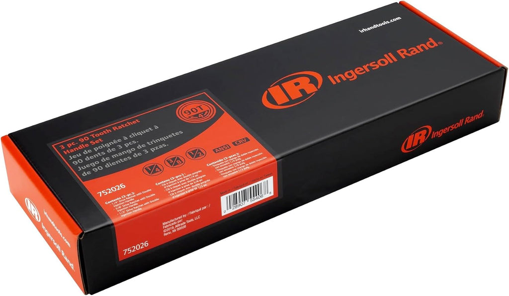 Ingersoll Rand 3-Piece 90-Tooth Ratchet Set – 1/4', 3/8', 1/2' Drive, Chrome Vanadium Steel, Sealed Heads, Comfort Grip Handles – 752026