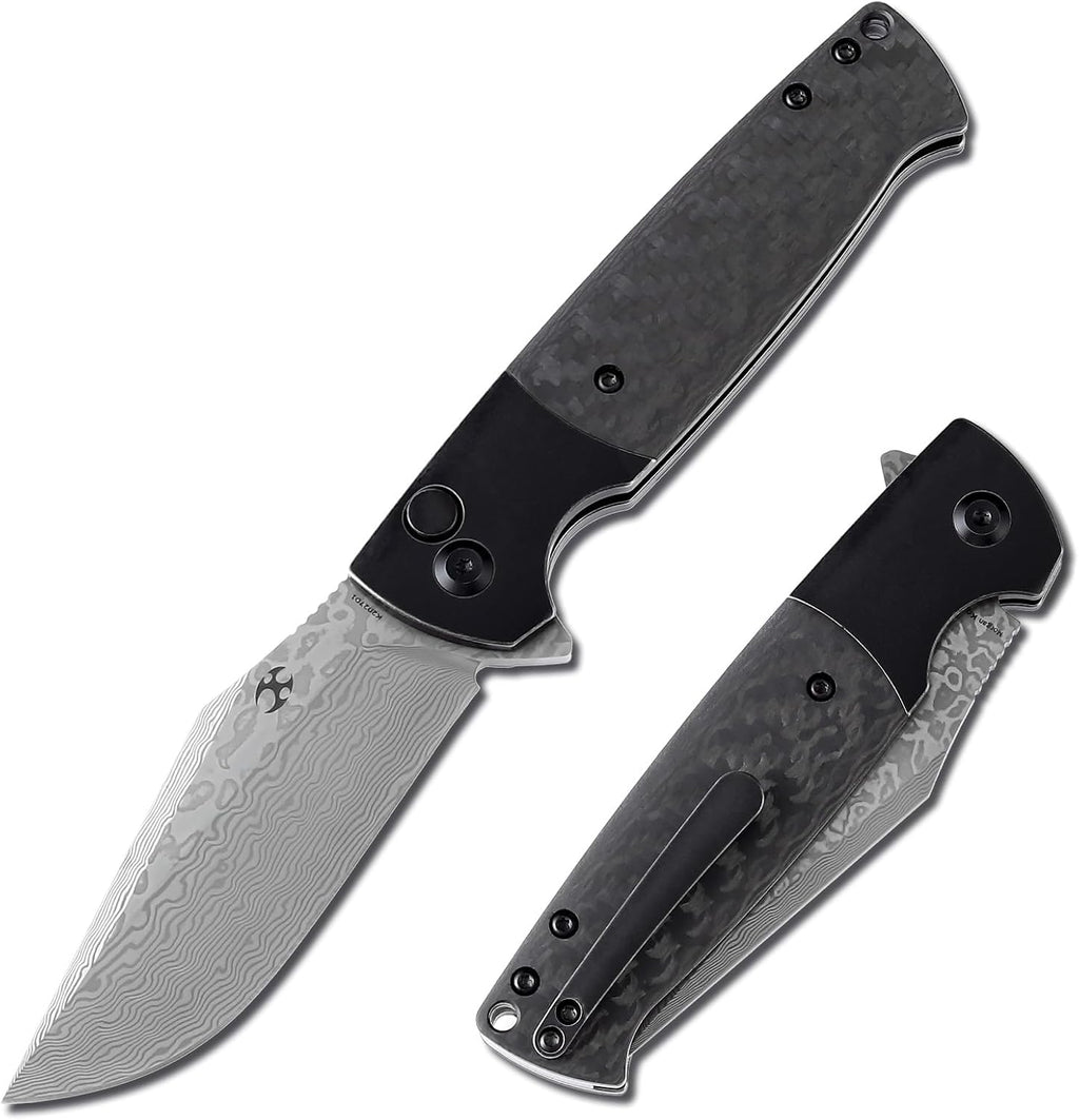 KANSEPT Shikari SBL Pocket Knives EDC Camping Folding Knife3.35'' Damascus Material Pocket Folding Knife with Black Stonewashed Titanium Twill Carbon Fiber Handle Everyday Carry K2027D1