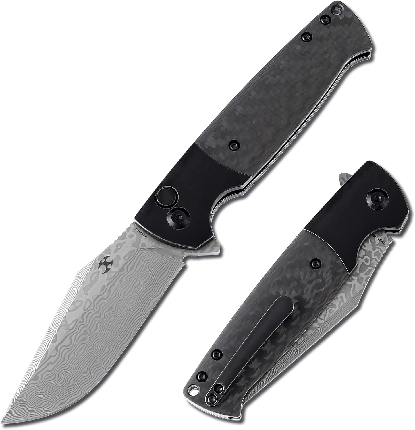 KANSEPT Shikari SBL Pocket Knives EDC Camping Folding Knife3.35'' Damascus Material Pocket Folding Knife with Black Stonewashed Titanium Twill Carbon Fiber Handle Everyday Carry K2027D1