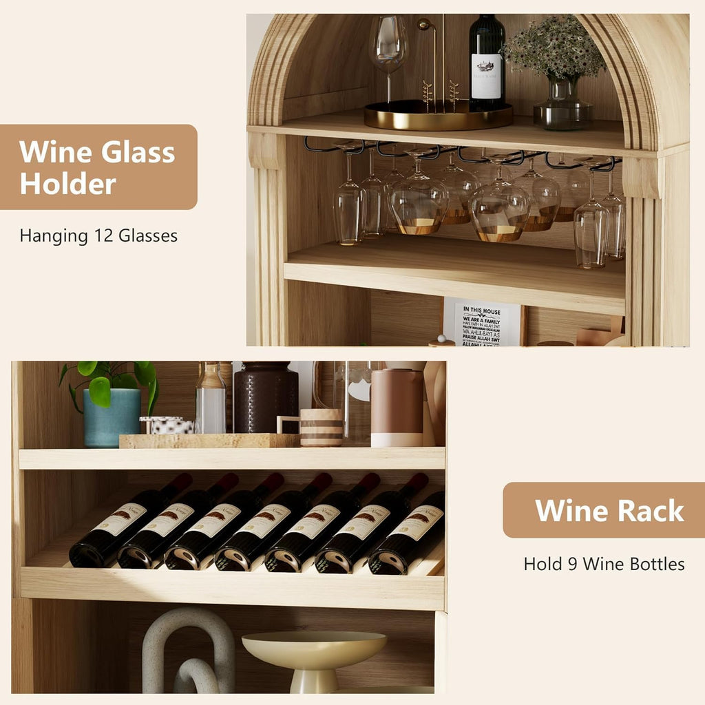 Vlsrka Arched Cabinet, Kitchen Pantry Cabinets with Open & Adjustable Shelves, Induction 3 Color Lights (Brown A)