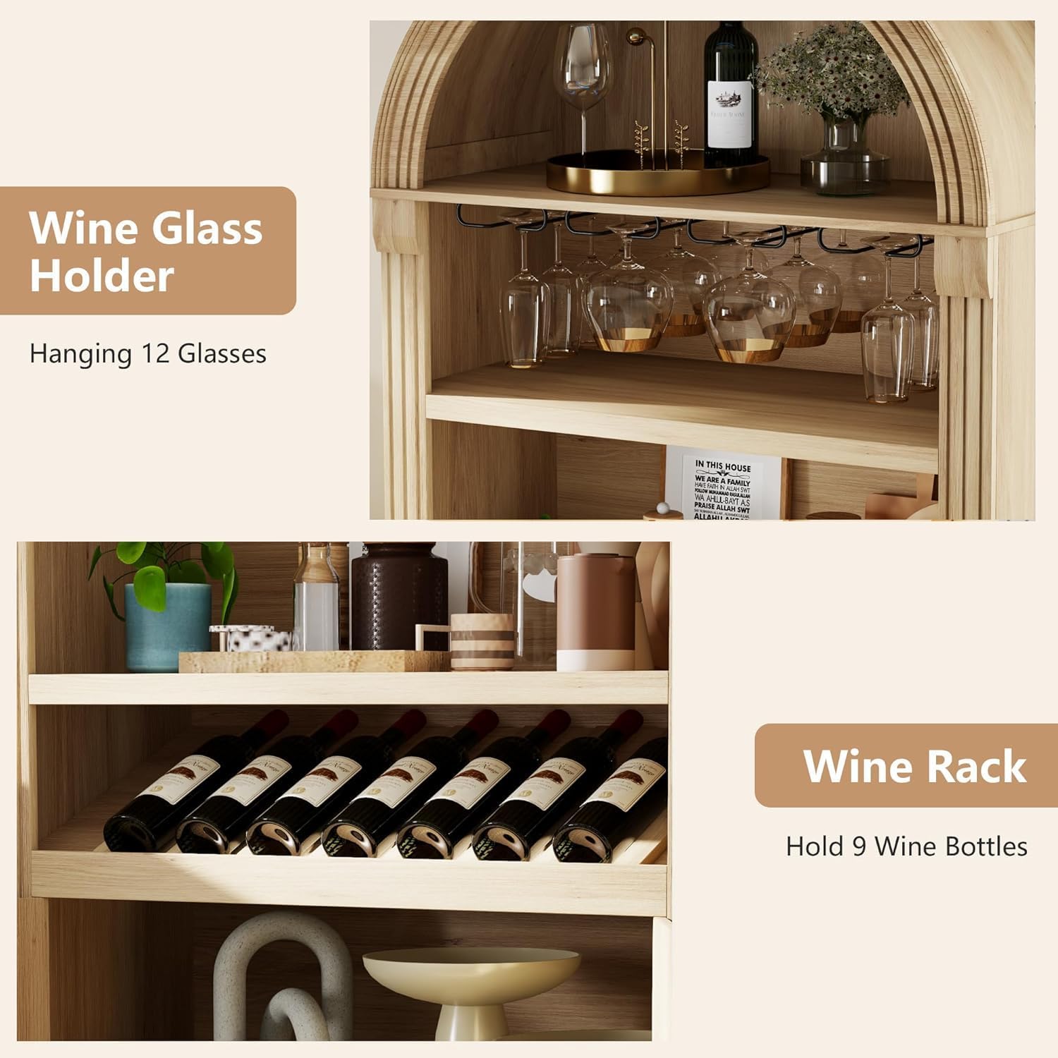 Vlsrka Arched Cabinet, Kitchen Pantry Cabinets with Open & Adjustable Shelves, Induction 3 Color Lights (Brown A)