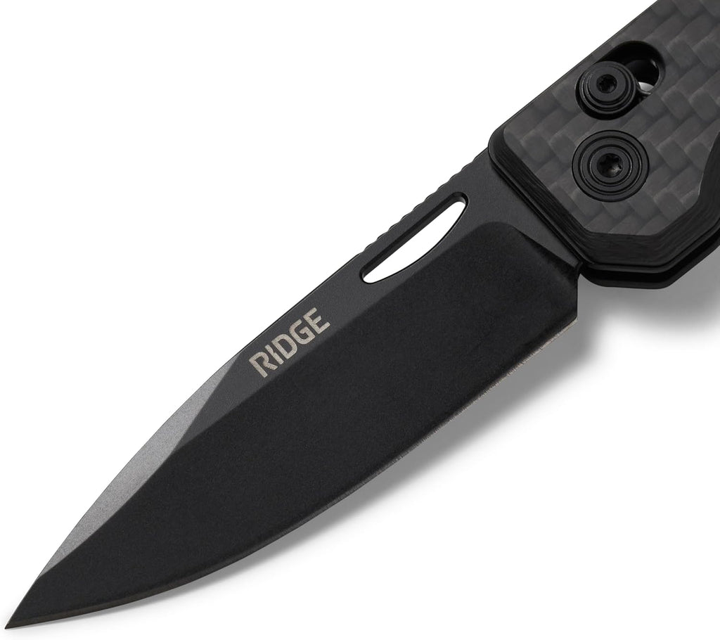 Ridge Everyday Folder Knife - Premium EDC Pocket Knife, Sandvik 14C28N Steel Drop Point Blade with Black DLC Finish, Ceramic Bearings, Deep Carry Clip & Multipurpose Design (Carbon Fiber 3K)