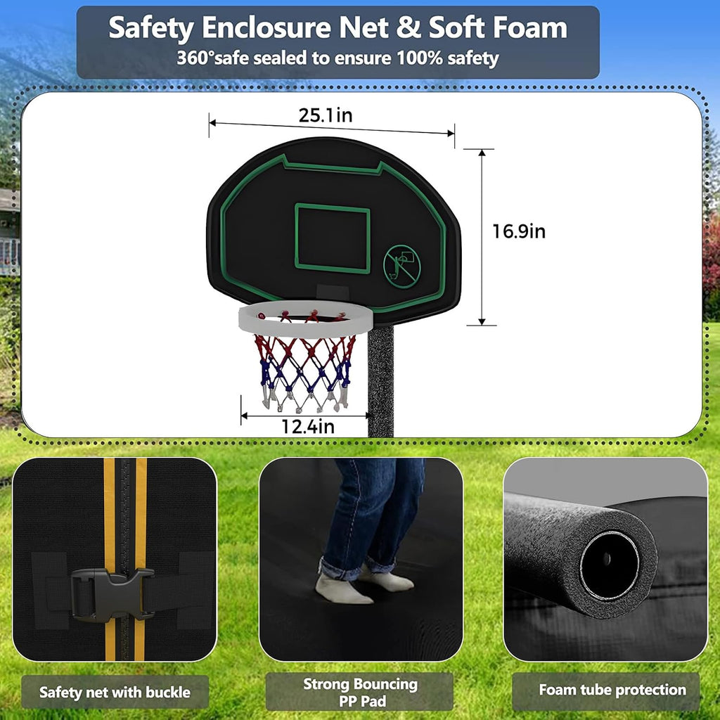 Lyromix Upgraded Trampoline with Lights, Large Outdoor Trampoline with Sprinkler,Basketball Hoop and Net, Capacity for 5-8 Kids and Adults