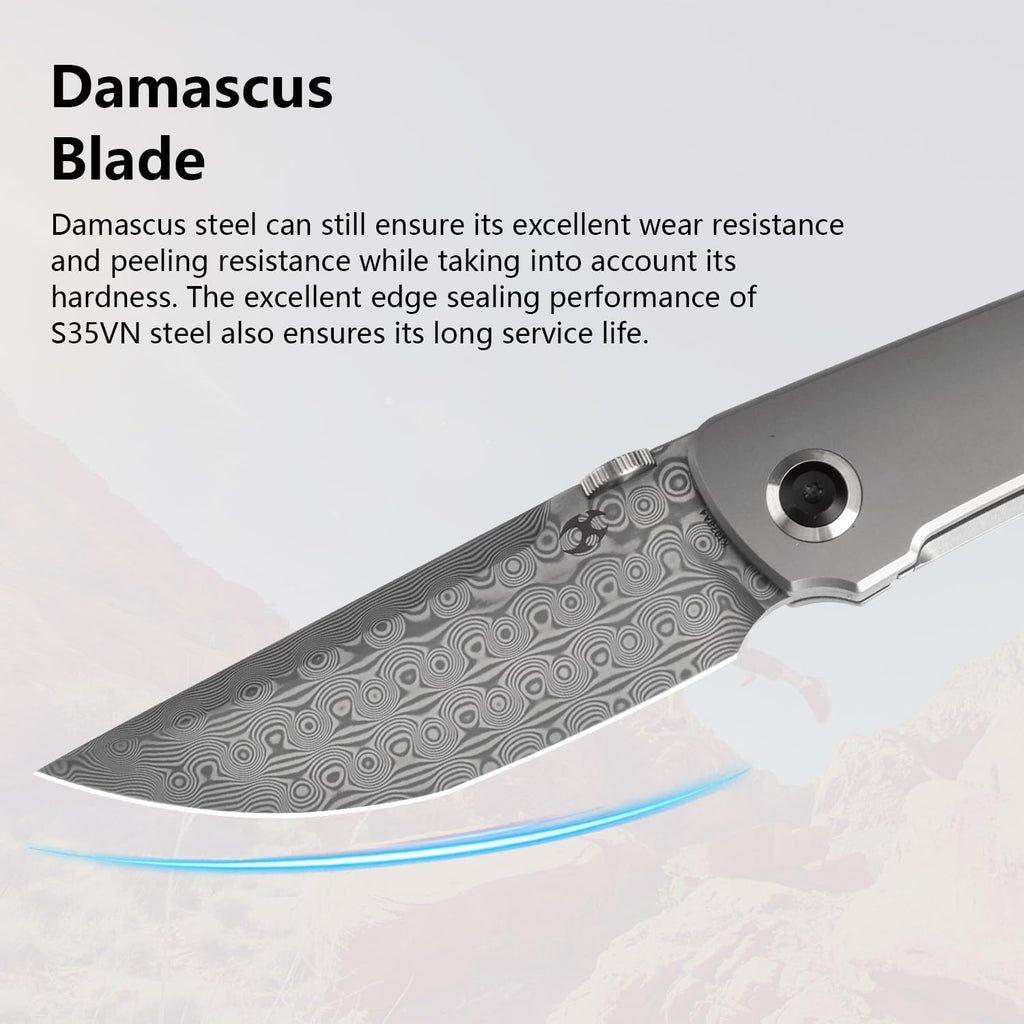 KANSEPT Tarkin Camping Pocket Knives for Men 7.87in Folding Pocket Knives with 3.42in Damascus Material and Bead Blasted Titanium Handle for Outdoor, Tactical, Survival K1078A4