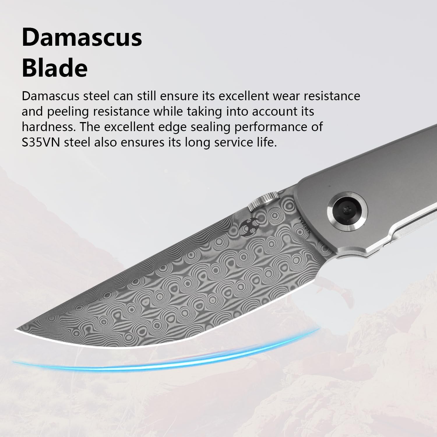 KANSEPT Tarkin Camping Pocket Knives for Men 7.87in Folding Pocket Knives with 3.42in Damascus Material and Bead Blasted Titanium Handle for Outdoor, Tactical, Survival K1078A4