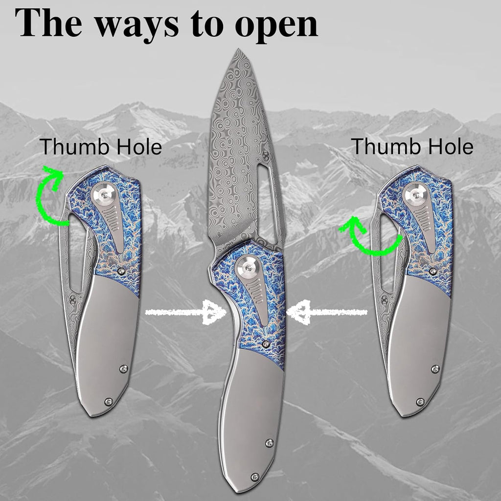 KANSEPT Thoth Pocket Knives for Men 8.05in Folding Pocket Knives with 3.43in Damascus Material and Bead Blasted Titanium Lightning Strike Finished Titanium Inlay Handle K1075T5