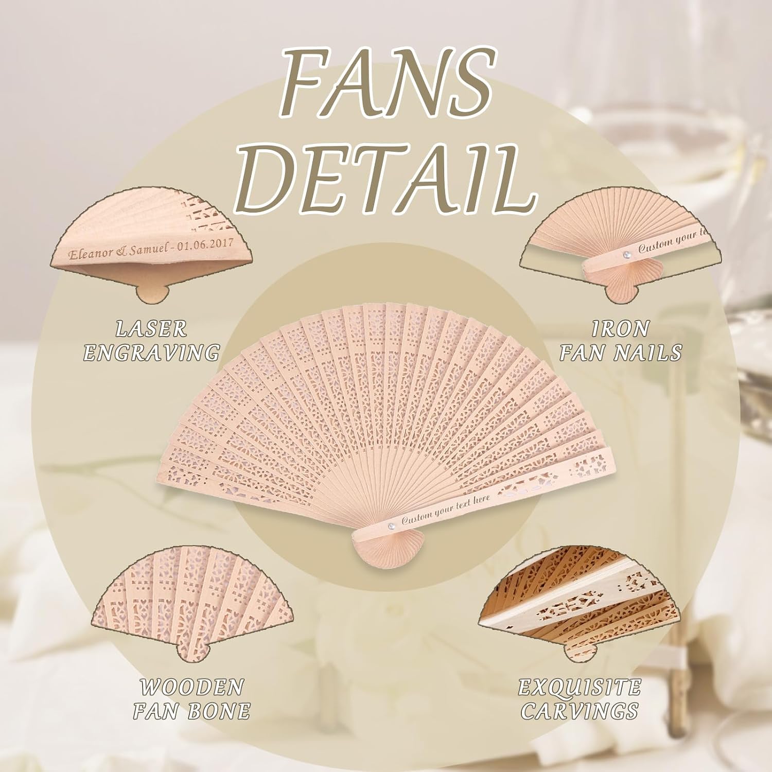 Custom Folding Hand Fan, Personalized Engraved Text Wedding Fans, Custom Wooden Fans Party Favor Bridal Shower Gifts for Guests Bulk 100 (100)