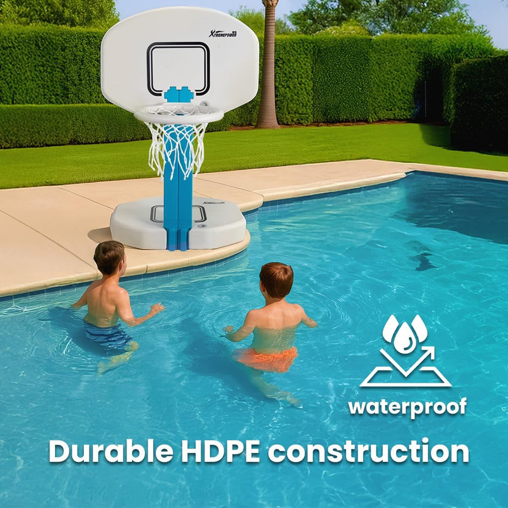 XtremepowerUS 2-in-1 Pool Volleyball Set & Basketball Hoop Combo for Swimming Pool, Includes Inflator Pump, Basketball & Volleyball, HDPE Materials, Adjustable Size, Durable Outdoor Sports Equipment