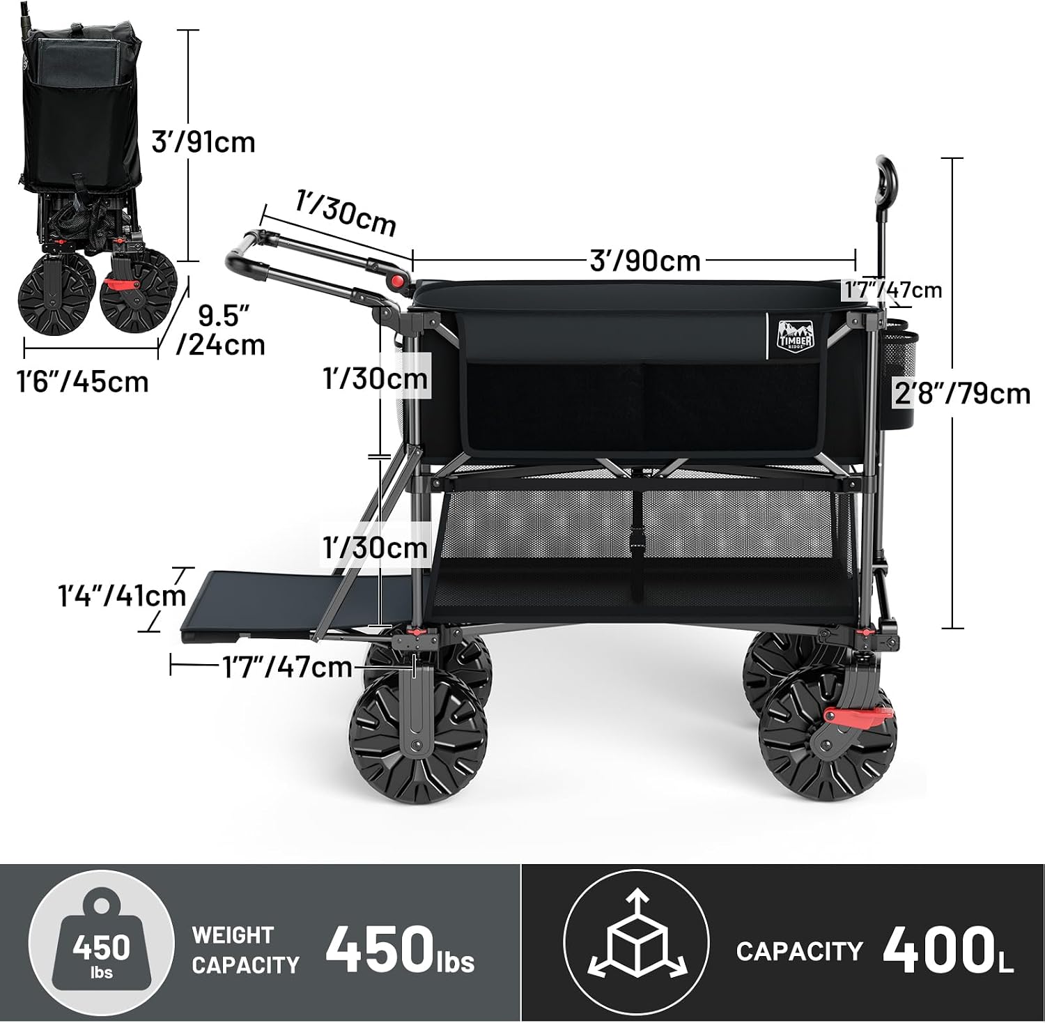 TIMBER RIDGE Push & Pull Double Decker Wagon, 400L Large Capacity Heavy Duty & 450lb Load, Collapsible Cart with All-Terrain Wheels & Brakes, 54' Extended Foldable for Sports, Beach, Camping, Black