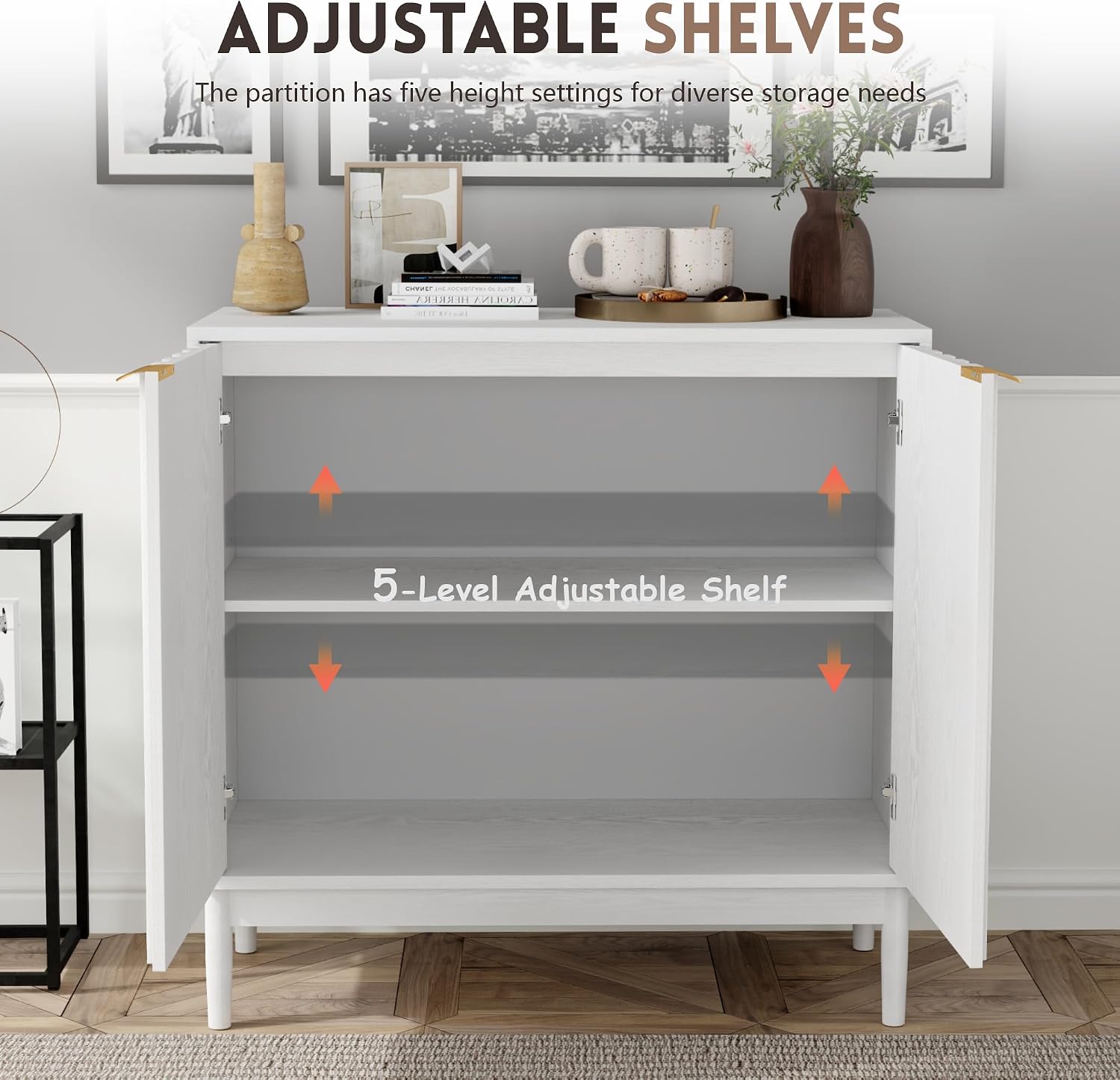 Otterease Fluted Cabinet with Storage, Buffet Cabinet Sideboard with Door, Kitchen Buffet Storage Accent Cabinets with Adjustable Shelves for Living Room, Entry, Hallway, White