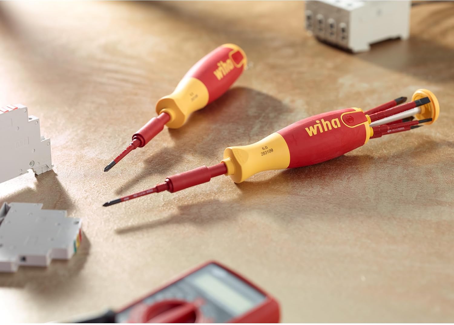Wiha 28393 Insulated Slim Line Precision Pop Up Screwdriver Set, Slotted, 7-Piece, Red & Klein Tools 32907 Impact Driver, 7-in-1 Impact Flip Socket Set with 1/2, 7/16, 3/8, 11/32, 5/16, 1/4