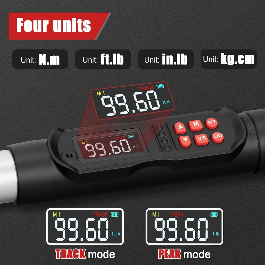 VANPO Adjustable Digital Torque Wrench, 5-99.6Ft.lb/6.8-135Nm, ±2% Accuracy, HVAC Torque Wrench with Interchangeable 38mm Jaw & 1/2' Ratchet, Buzzer, Vibration and LED Alert for Split AC, Moto, Car