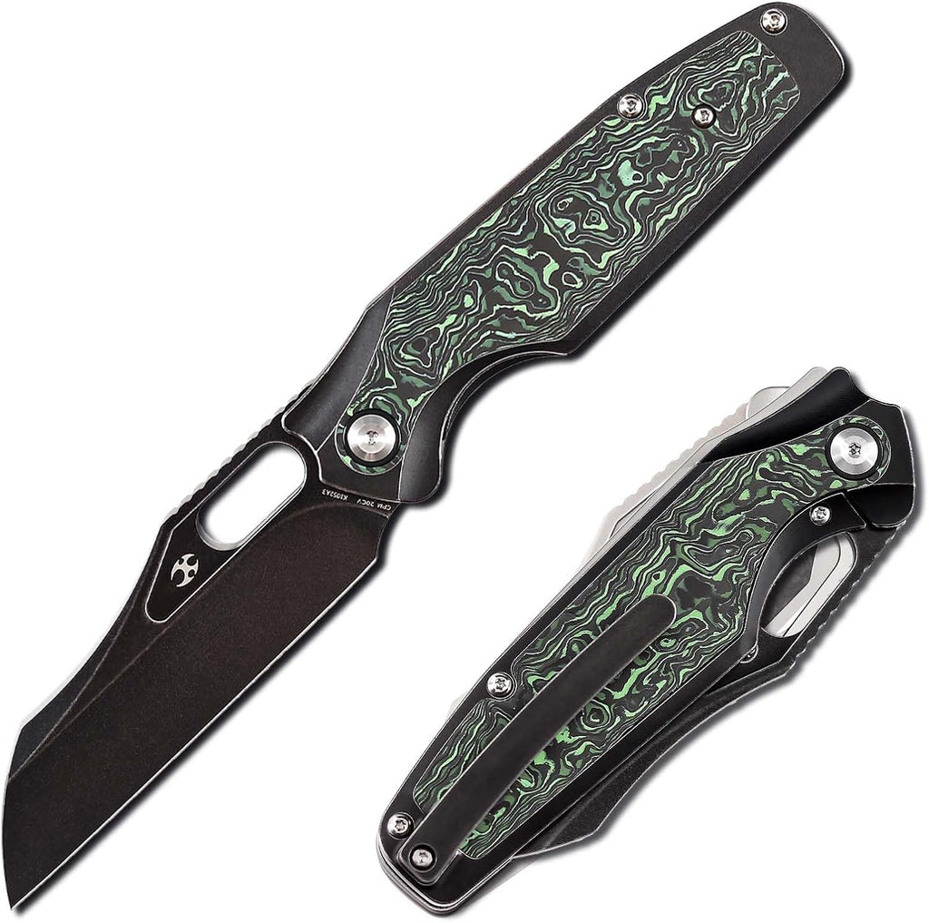 KANSEPT Tuckamore Camping Pocket Knives for Men 8.12in Folding Knives with 3.54in Stonewashed CPM 20CV Material and Titanium Green Carbon Fiber Handle for Outdoor, Tactical, Survival K1052A3