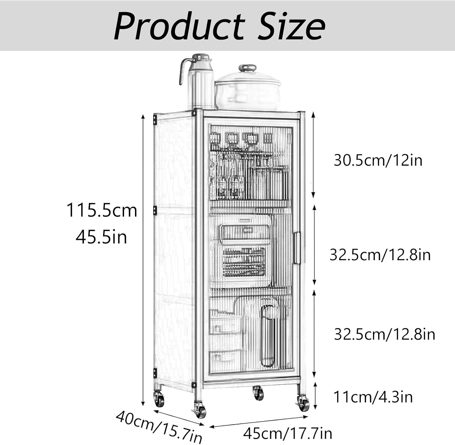 Free Standing Kitchen Bakers Rack, 3/4 Tier Microwave Stand with Transparent Door, Movable Pantry Storage Cabinet, Dining Room Living Room Shelves(L 17.7' x W 15.7' x H 45.5', White-3 Tier)