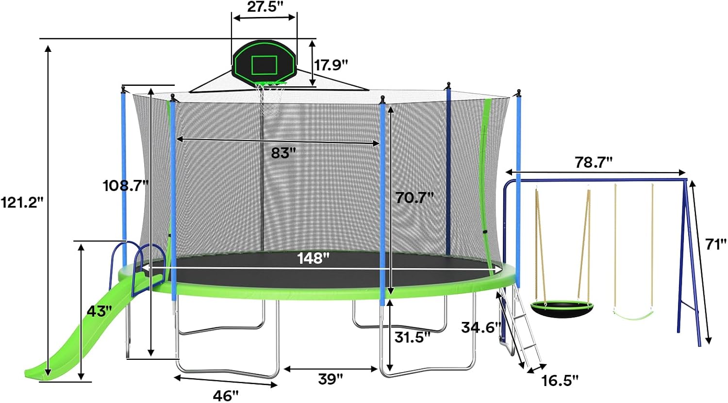 Skepphlay 16ft 14ft 12ft Trampoline Outdoor for Kids and Adults, ASTM Approved Recreational Trampoline, Round Trampoline with Basketball Hoop & Enclosure Net for Backyard