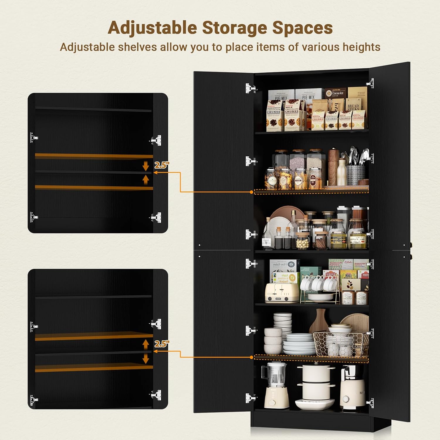 Cyclysio 80' Kitchen Pantry, Extra Tall Arch Storage Cabinet with 4 Soft Close Doors and Adjustable Shelves, Freestanding Wood Cupboard with Seamless Fit Wall for Dining Living Room (Black, 1 Pack)