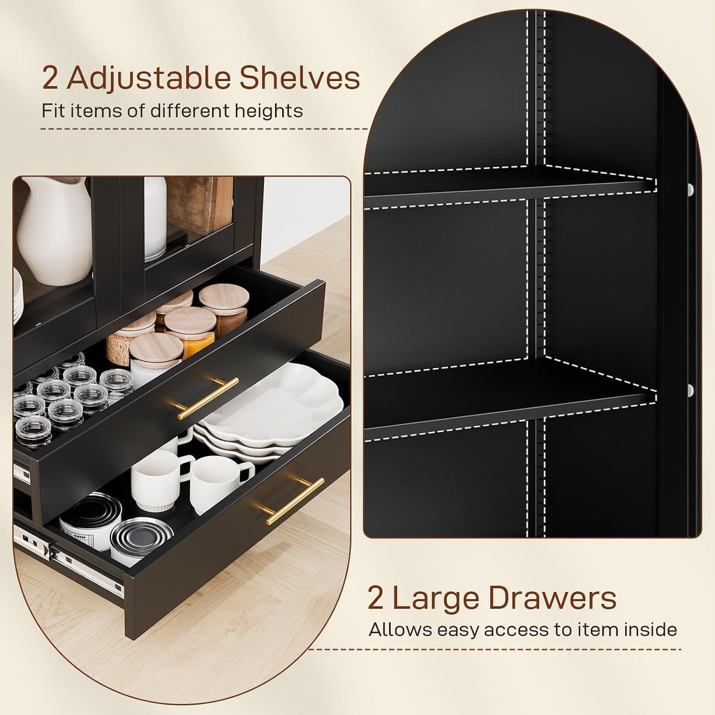 Holiwei 73' Tall Arched Cabinet, Metal Kitchen Pantry with Glass Doors, Modern Display Cabinet with 2 Drawers and 2 Adjustable Shelves for Living Room
