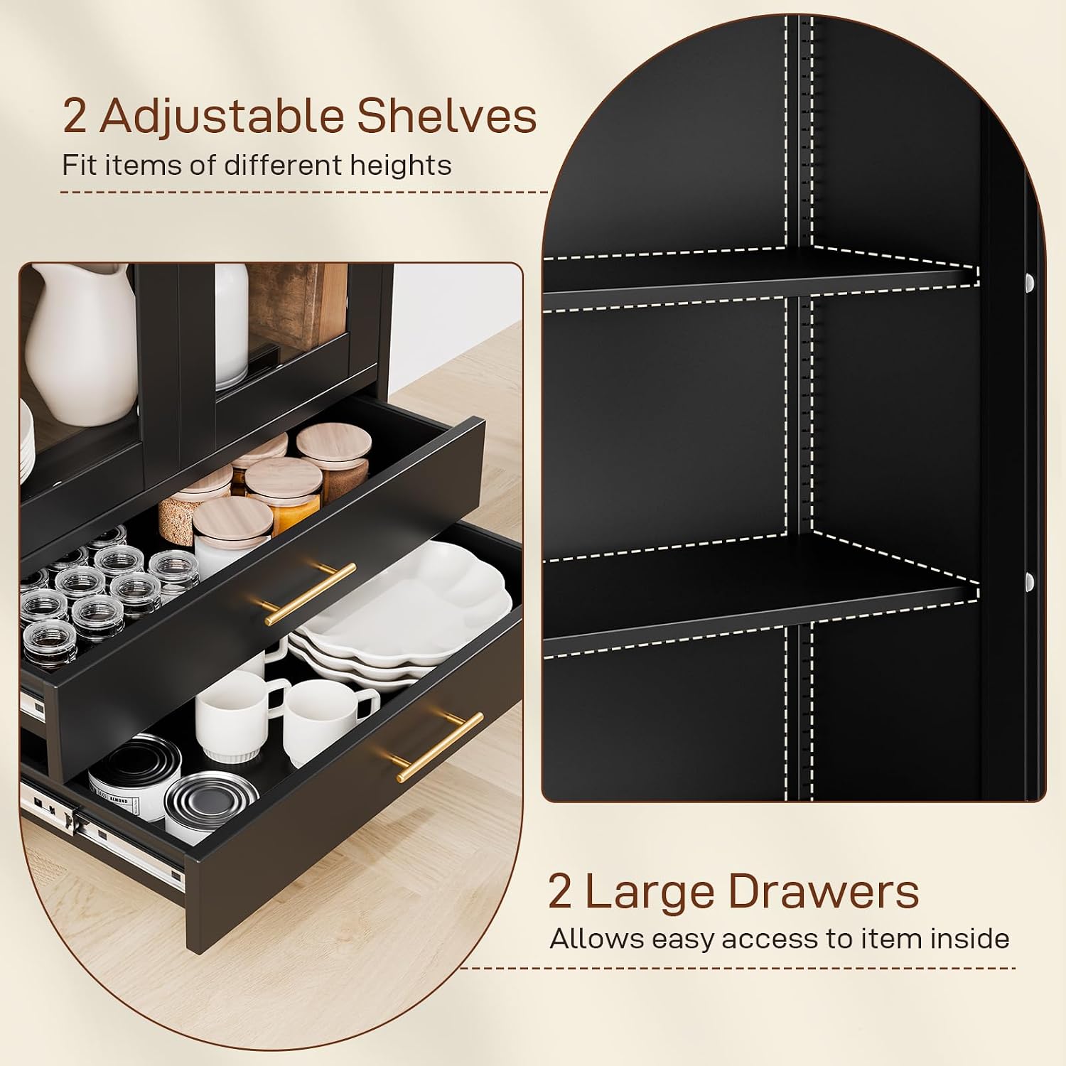 Holiwei 73' Tall Arched Cabinet, Metal Kitchen Pantry with Glass Doors, Modern Display Cabinet with 2 Drawers and 2 Adjustable Shelves for Living Room