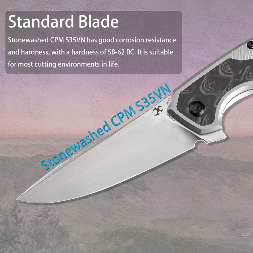 KANSEPT HAVØRN Pocket Folding Knives Camping Hiking Folding Knife 3.48'' Stonewashed CPM S35VN Blade Pocke Knife with Titanium Rose Pattern Carbon Fiber Handle Everyday Carry K1069A2